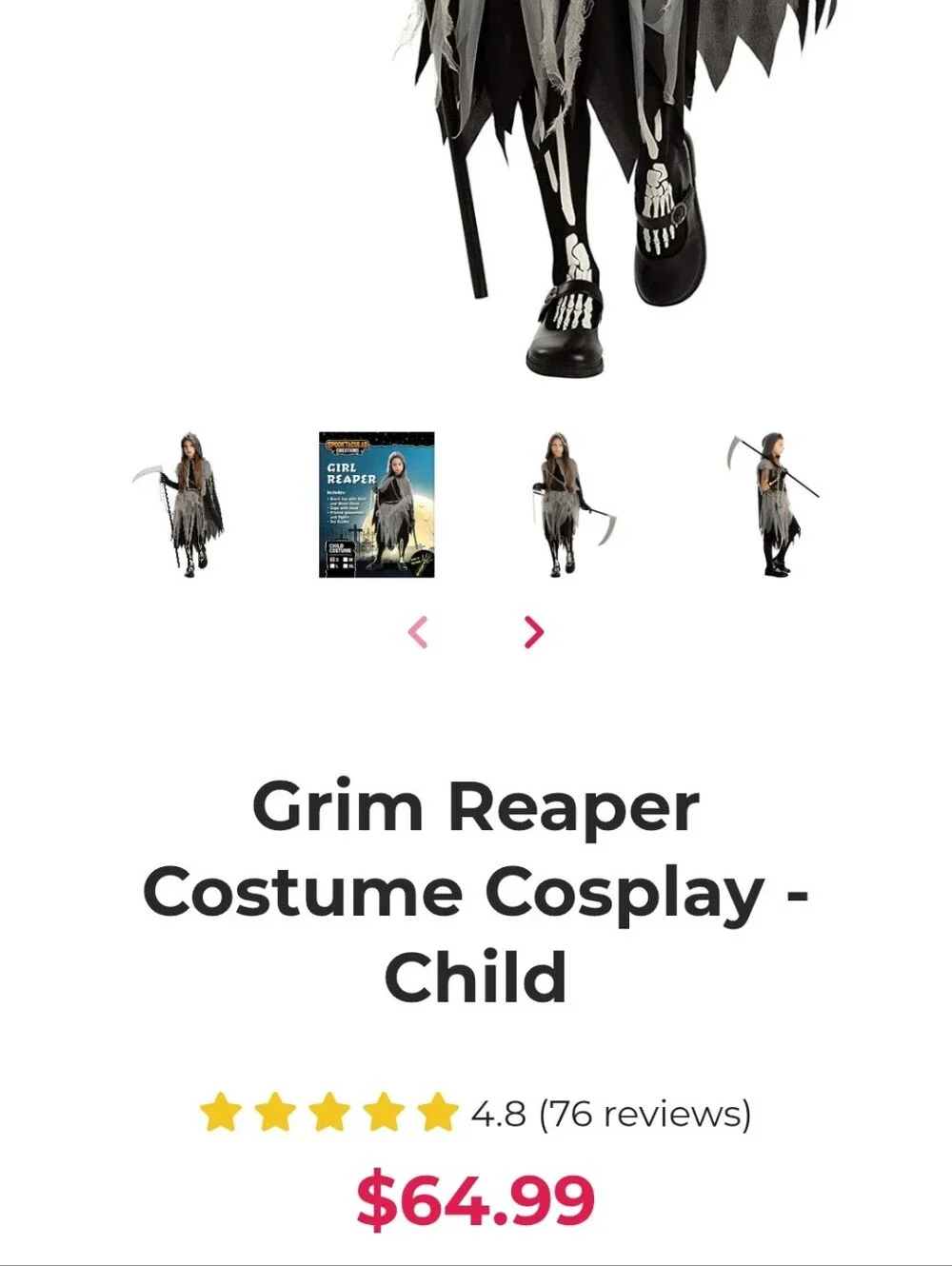 Girls Reaper Costume Rip Chains Hood Gloves Tights Glow In dark Skeleton, 8-10